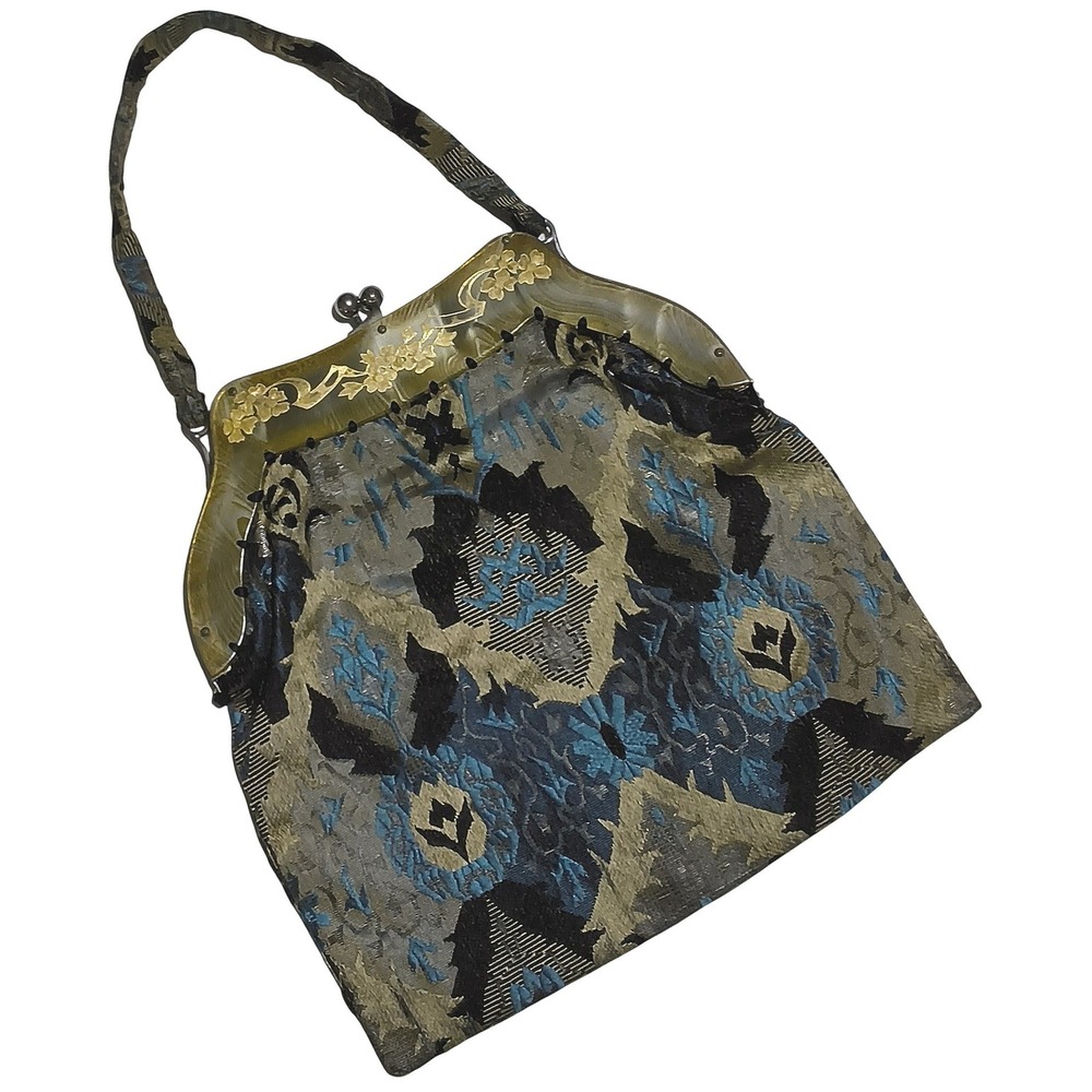 Art Deco Tapestry Evening Bag‎ Women Blue Gold Floral Carved Lucite Frame